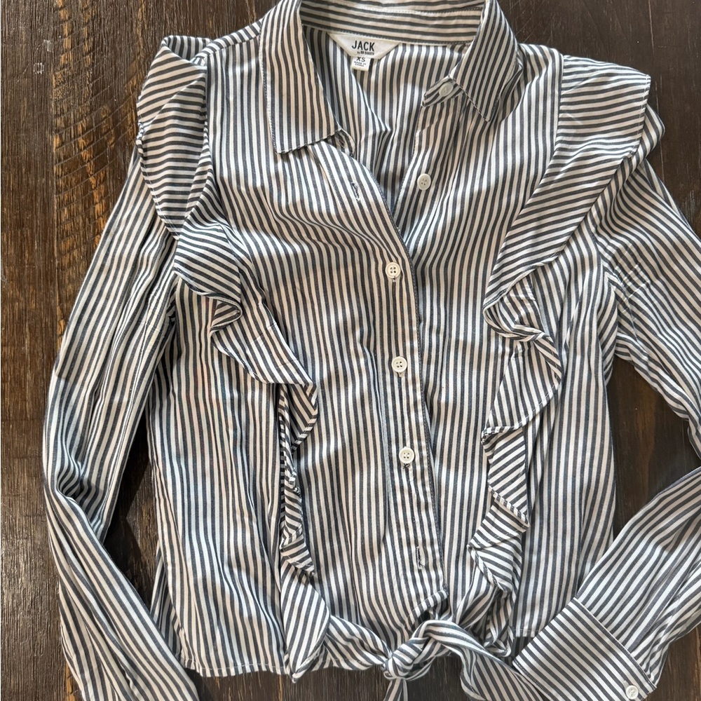 Jack by BB Dakota Blue and White Striped Ruffle Tie-Front Blouse